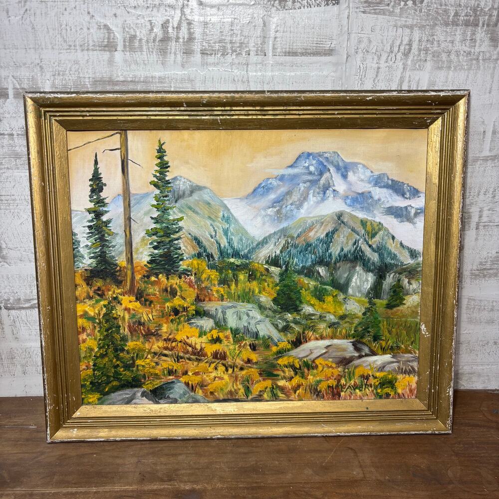 Vintage Mountain Landscape with Pines Framed Original Oil Painting Signed Maver